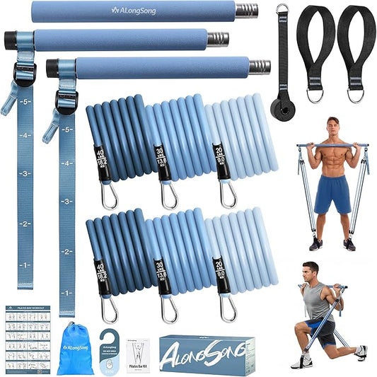 Upgraded Pilates Bar Kit with Resistance Bands Natural Latex for Women & Men, Heavy-Duty Stainless Steel Multifunctional Yoga Pilates Stick for Home Gym Exercise Fitness Equipment Full-Body Workouts - Bloomnest