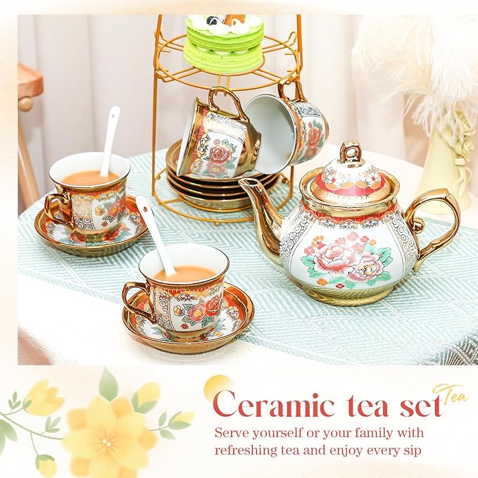 20 Pcs Porcelain Tea Set for Adults with Metal Holder and Spoon European Ceramic Tea Party Set Flower Painting Teapot Cup Saucer for Christmas Women Gifts, Serving 6 People(Classic) - Bloomnest