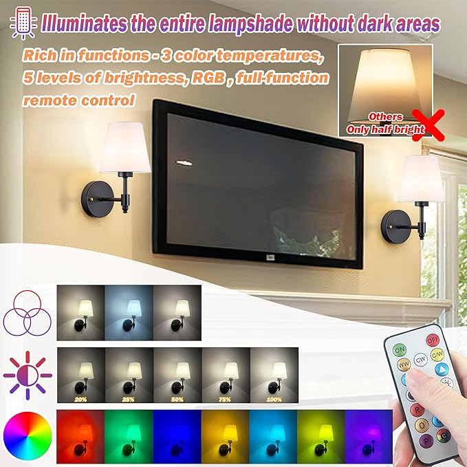 Battery Operated Wall Sconces Set Of Two, Wireless Battery Wall Light With 10000mAh RGB Rechargeable Magnetic Bulb, Rechargeable Wall Sconce With Remote Control For Bedroom, No Electrician Required - Bloomnest