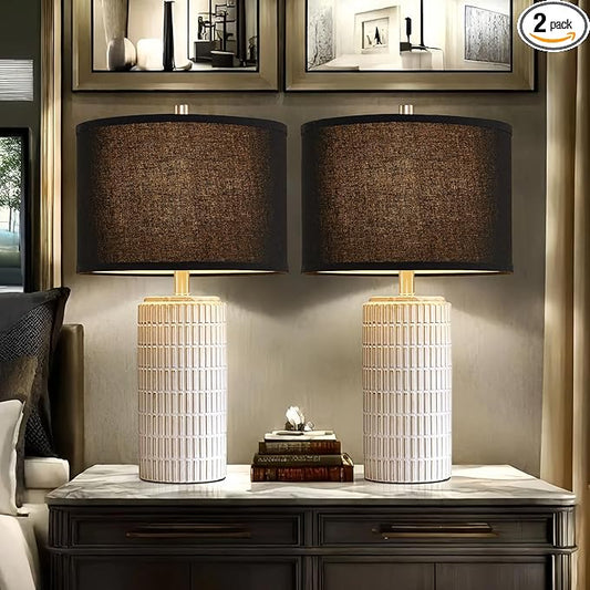 23'' Set of 2 Modern Ceramic Table Lamps, Minimalist Bedside Lamp, Rustic Nightstand End Table Lamp for Bedroom, Living Room, Study Room, Office, 2 LED Bulbs Included (Black) - Bloomnest