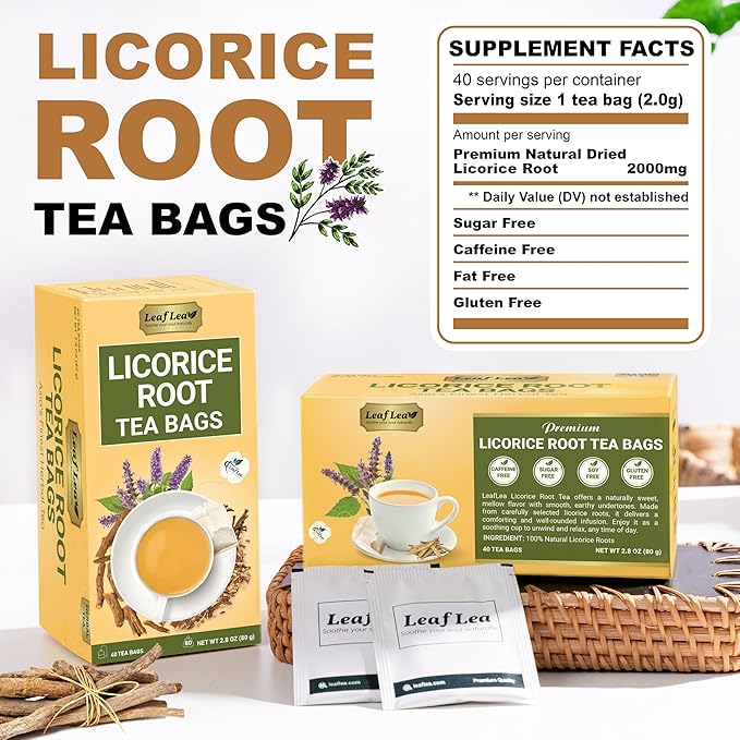 LeafLea 40 Premium Licorice Root Tea Bags, 100% Pure Licorice Spice Tea, Herbal Infusion to Digestive Comfort & Promote Respiratory Health, Te De Regaliz, Caffeine-Free, Sugar-Free, Soothing Flavor - Bloomnest