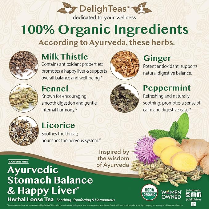 DelighTeas Stomach & Liver Tea | Ayurvedic Herbal Blend for Digestion | Organic Milk Thistle, Fennel, Ginger, Peppermint & Licorice | Vegan, Caffeine-Free, Sugar-Free | Loose Leaf, 50 Servings, 5oz - Bloomnest