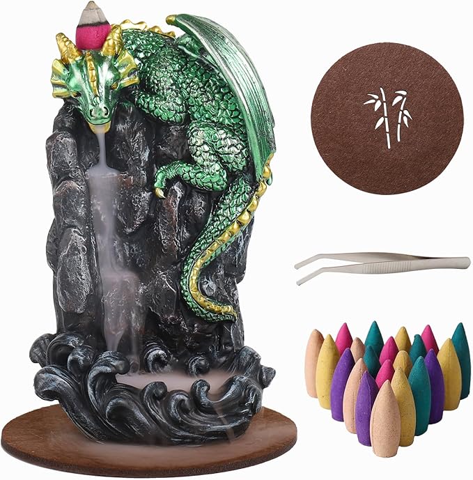Dragon Backflow Incense Holder Waterfall Incense Burner, with 100 Backflow Incense Cones,1 Mat,1 Tweezers，Aromatherapy Ornamental for Home Office Yoga （Green Dragon） - Bloomnest