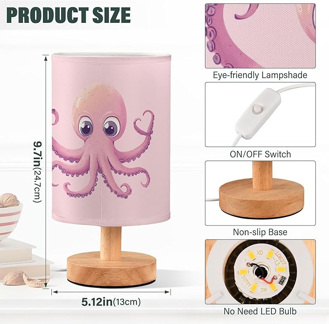Table Lamp Marine Octopus You Octopi My Heart Quote Design on Pink Nightstand Lamp with Wood Base Fabric Lamp Shade Bedside Desk Lamp for Living Room Bedroom Kids Room Office - Bloomnest