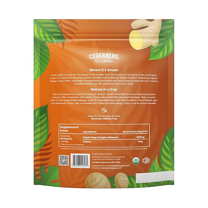Cederberg Tea Company Organic Ginger Tea — 30 Tea Bags | Organic Herbal Tea From Single Origin | Eco-Friendly Tea Bags | Non-GMO Caffeine Free Tea With Zero Sugar - Bloomnest