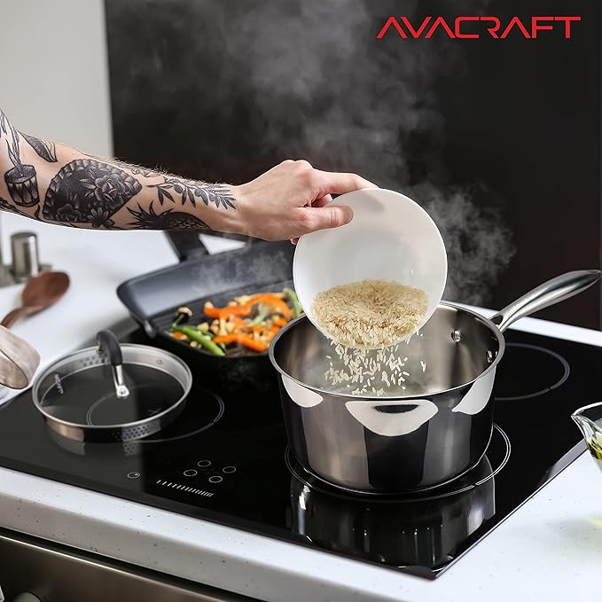 AVACRAFT Stainless Steel Saucepan with Glass Strainer Lid, Two Side Spouts for Easy Pour with Ergonomic Handle, Multipurpose Sauce Pot (5-Ply Capsule Bottom, 3.5 Quart) - Bloomnest