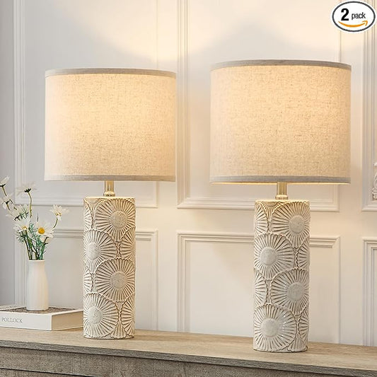 25.25" Tall White Lamps Set of 2 with Floral Design, Farmhouse White Ceramic Lamps Set of 2 for Bedroom, Living Room, Beige Table Lamps for Nightstands, Console Table - Bloomnest