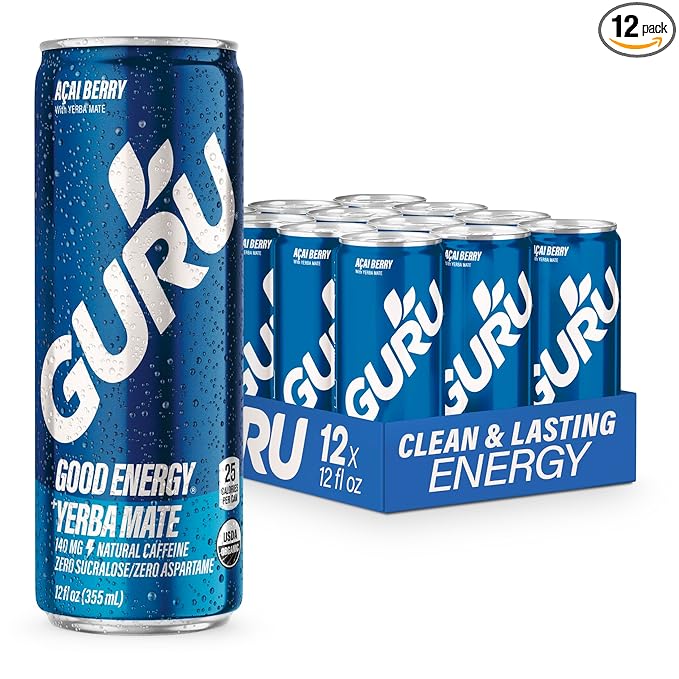 GURU Yerba Mate Organic Energy Drinks, Clean Energy Drink with Plant Based Natural Caffeine from Green Tea, Low Calorie, Gluten Free, 140mg Caffeine, Healthy Drinks, Acai Berry, 12oz (Pack of 12) - Bloomnest