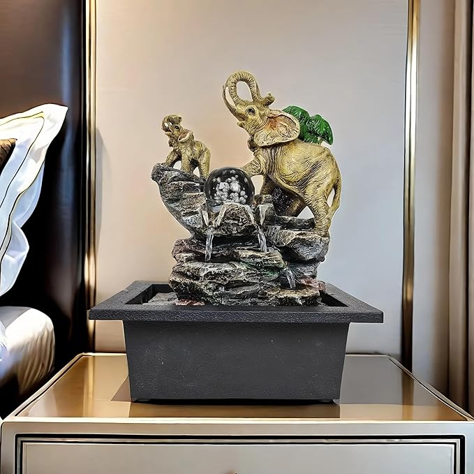 Decorative Elephant Cascade Tabletop Fountain with LED Globe, 3-Tier Design, A Quiet and Soothing Indoor Desktop Fountain - Bloomnest