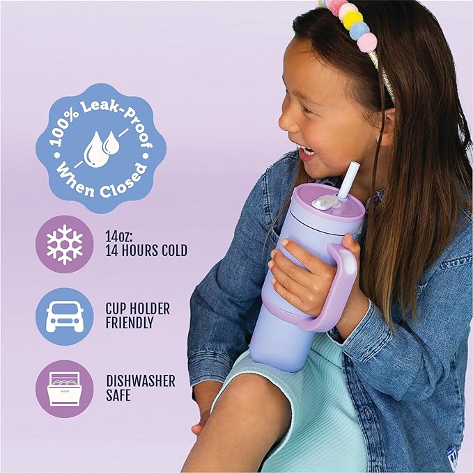Ello Oasis 14oz Stainless Steel Toddler Tumbler with Handle & Retracting Straw, 100% Leakproof, Double-Wall Vacuum Insulated, Kids Water Bottle for School, BPA Free, Dishwasher Safe, Lavender Fields - Bloomnest
