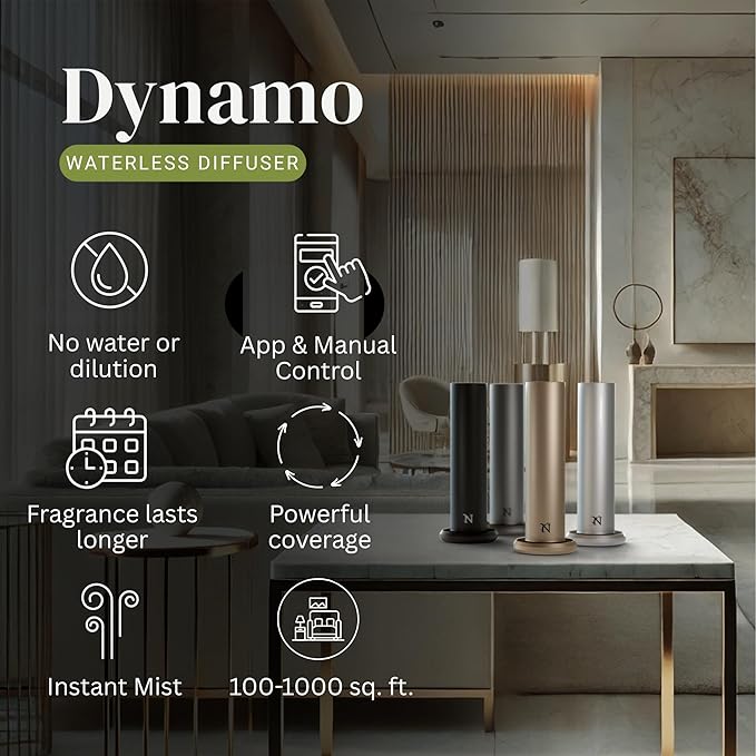 Dynamo Hotel Scent Diffuser – Cold-Air Essential Oil Diffuser for Home & Large Rooms up to 1000 sq ft, App & Manual Control, Hypoallergenic, Includes White Tea Fragrance Sample – Gold - Bloomnest