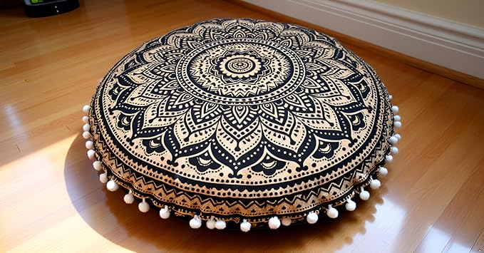 CRAFT KALA Boho Large Floor Pillow Pouf Cover Mandala Meditation Room Pillow Cover for Adults Round Bohemian Seating Pouf Cushion Cover for Kids Playroom 22" Black Gold Ombre - Bloomnest