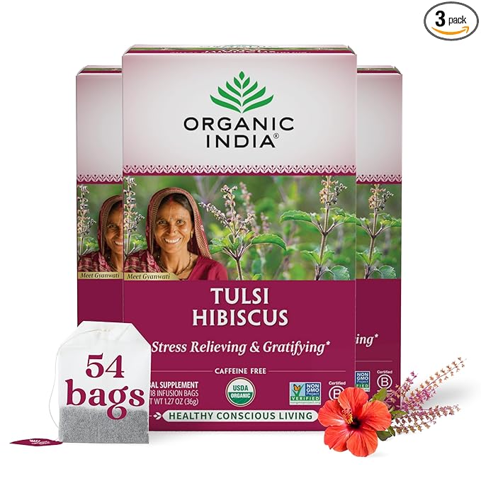 ORGANIC INDIA Tulsi Hibiscus Tea Bags - Holy Basil Herbal Tea, Stress Relieving, Calming, Immune Support, USDA Organic, Caffeine Free -18 Bags, 3 Pack - Bloomnest