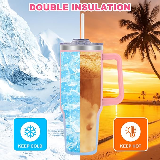 40 oz Tumbler with Handle and Flip Straw Lid, Vacuum Insulated Leak Proof Double Walled Stainless Steel Travel Mug Tumblers, Maintains Cold Ice and Heat for Hours(Pink Blue Gradient) - Bloomnest