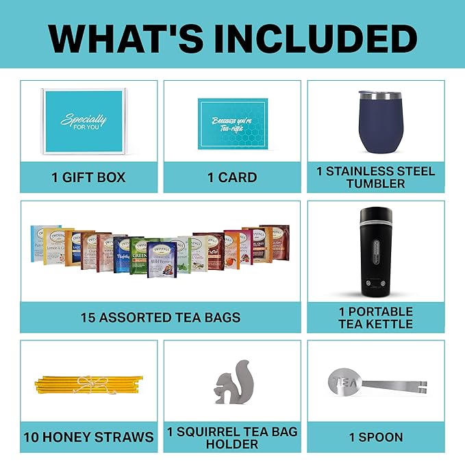 Modern Elegance Tea Set with Portable Kettle – 31-Piece Collection Featuring an Insulated Mug, Decaf Teas, Honey Sticks & Accessories (Decaffeinated) - Bloomnest