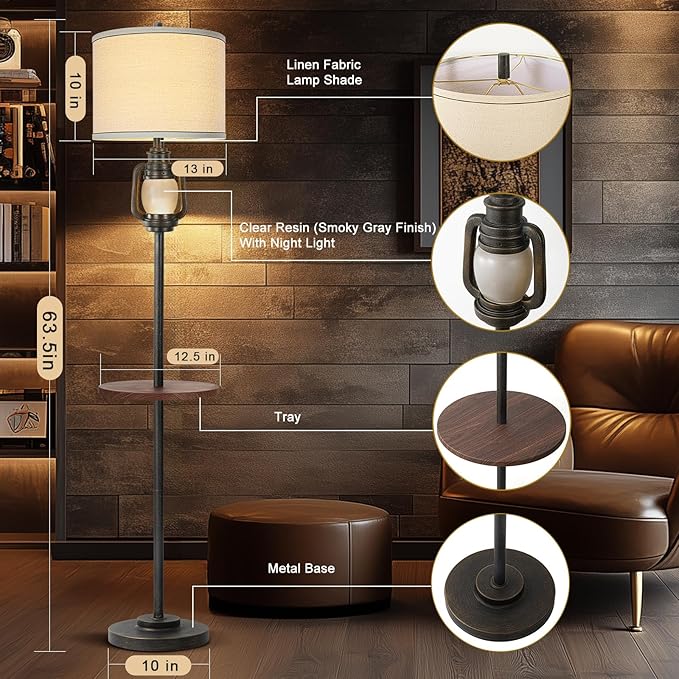 Farmhouse Lantern Floor Lamp with Tray for Living Room with Nightlight Vintage Tall Lamp with Linen Fabric Shade Industrial Standing Lamp for Bedroom Office Home House Study(Bulb Included) - Bloomnest