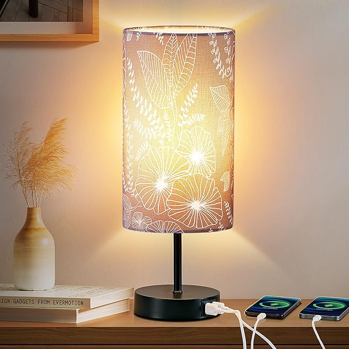 Touch Control Bedside Lamp with 2 USB Ports, 3-Way Dimmable Table lamp for Bedroom, Nightstand Lamp with Round Grey Fabric Shade for Living Room Home Office (E26 LED Bulb Included) - Bloomnest