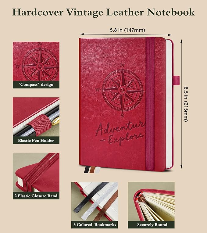 PAIBAS Graph Notebook for Women Men, 160 Pages Grid Paper, Graphing Notebooks for School, Work, Quad Ruled, Inner Pocket, A5 Hardcover Vintage Leather Journals for Writing, 5.8"x8.5" (Burgundy) - Bloomnest