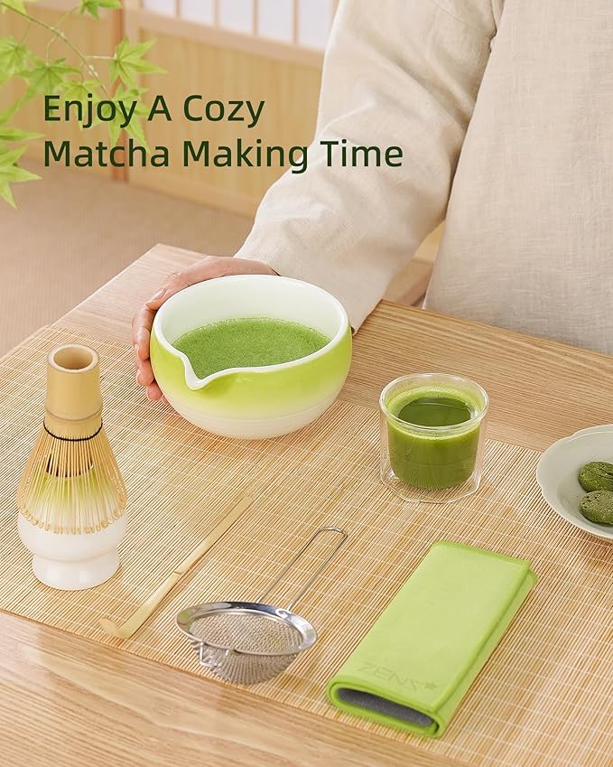 ZENS Matcha Whisk Set, 6pcs Matcha Kit Includes Ceramic Bowl, Handcrafted Bamboo Whisk and Chasen Holder, Scoop, 304 Sifter & Tea Mat，Matcha Set for Tea Ceremony,Latte Making, Green - Bloomnest