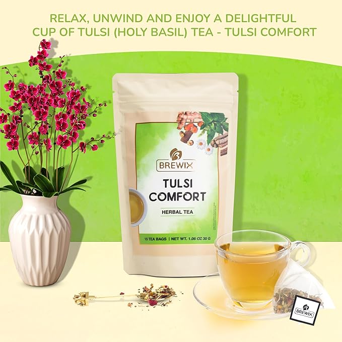 BREWIX Holy Basil Tea Bags (15 Pyramid Tea Bags) | Tee With Tulsi Leaves and Chamomile | Caffeine Free, Calming Herbal Tea With Fresh and Cool Flavor - Bloomnest