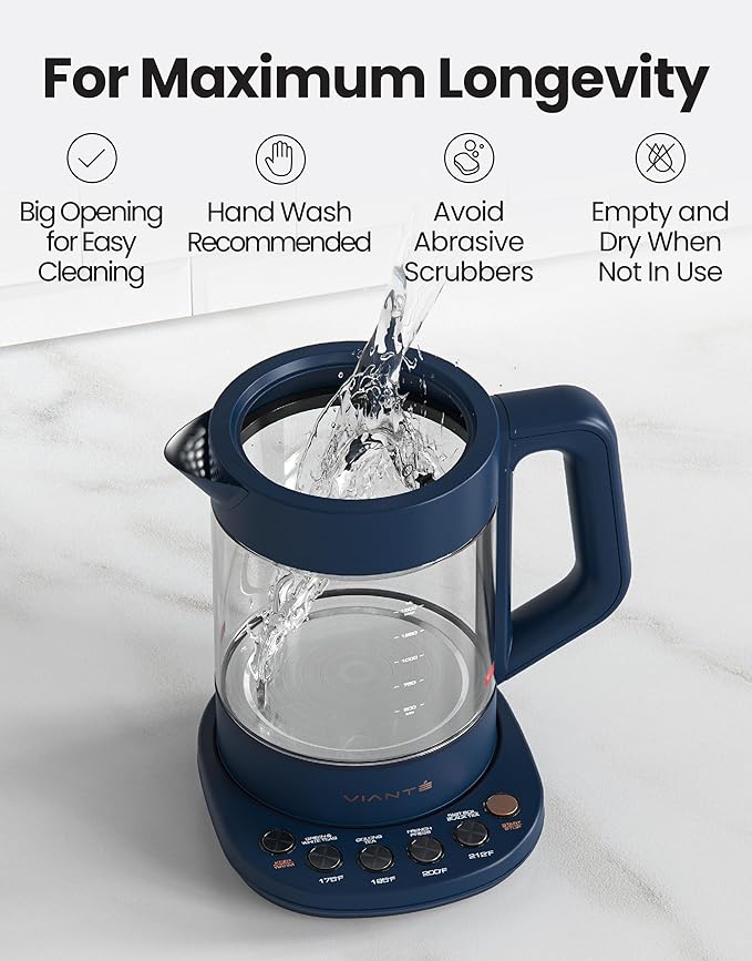 Vianté Electric Kettle With Infuser For Loose Leaf Tea. Hot Tea Maker With Temperature Control And Automatic Shut Off. Kettle With Brewing Programs. 1.5 Liters Capacity | Midnight Blue Color - Bloomnest