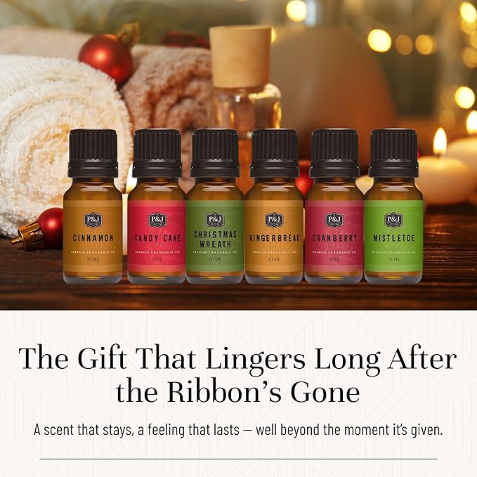 P&J Fragrance Oil Christmas Set | Christmas Wreath, Mistletoe, Candy Cane, Gingerbread, Cinnamon, and Cranberry Candle Scents, Freshie Scents, Candle/Soap Making Supplies PJTrading