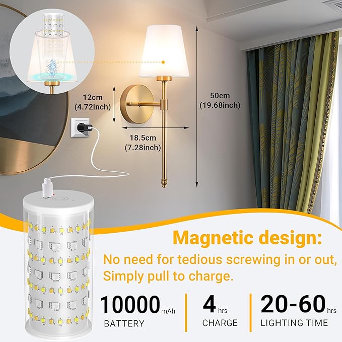 Battery Operated Wall Sconce: Peel and Stick Adhesives Stick On Non Drill Wall Light, Rechargeable Wireless Wall Lamp with Battery Corn Bulb for Bedroom Wall Decor (Gold,20inch) - Bloomnest