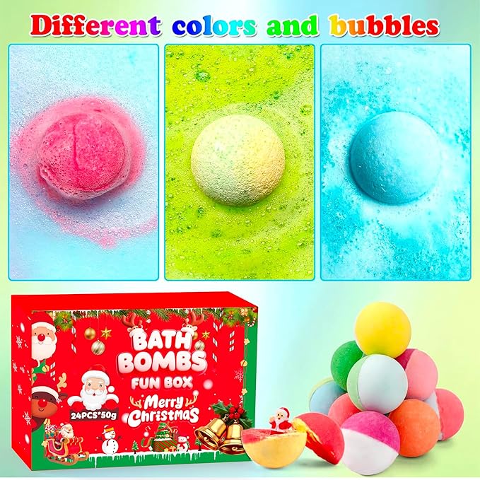 VVBAODL Christmas Bath Bombs Advent Calendar for Kids - 24 Days Bath Bomb Set with 24 Surprise Toys Inside, Xmas Countdown Calendar Gift for Girls & Boys (2025) - Bloomnest