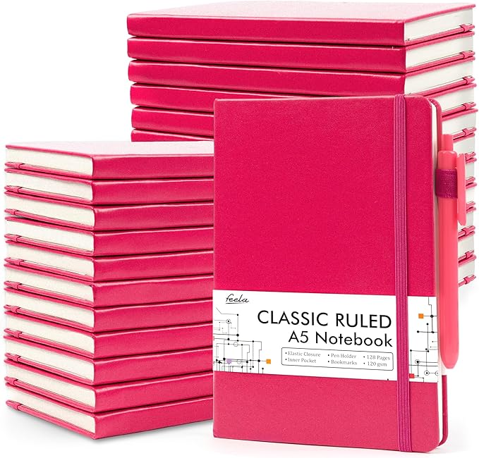 feela 24 Pack Journal Notebook for Work, Business Notebook Bulk Hardcover Lined Writing Journal with Pen Holder for Men Women Note Taking, with 24 Black Pens, 120 GSM, 5.1”x8.3”, A5, Berry - Bloomnest