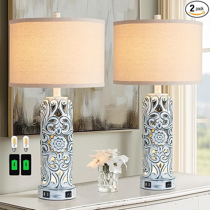 25'' Vintage Coastal Table Lamp Bedside Lamps Set of 2, Farmhouse Table Lamps with Dual USB Ports for Bedroom, Wash Blue Hollow Out Resin Lamp with Nightlight for End Table, 2 Bulbs Included - Bloomnest