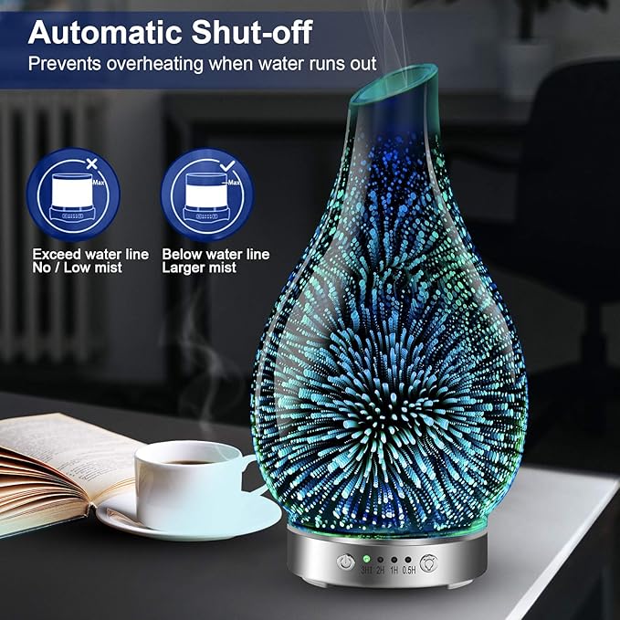 MAXWINER Essential Oil Diffusers Ultrasonic 3D Glass Aromatherapy Diffuser, Auto Shut-Off, Timer Setting, 7 Colors LED Lights Changing for Home, Office, Spa 120ml - Bloomnest