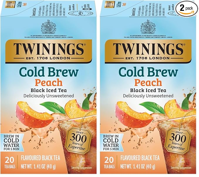 Twinings Peach Cold Brew Iced Tea Bags, 20 Count (Pack of 2), Unsweetened Flavoured Black Tea, Caffeinated, 20 Teabags - Bloomnest