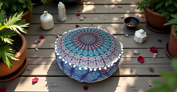 INDIAN CRAFT CASTLE ICC Mandala Barmeri Large Floor Pillow Cover Cushion Meditation Seating Ottoman Throw Cover Hippie Decorative Zipped Bohemian Pouf Ottoman Cases Blue Ombre 24" Round - Bloomnest