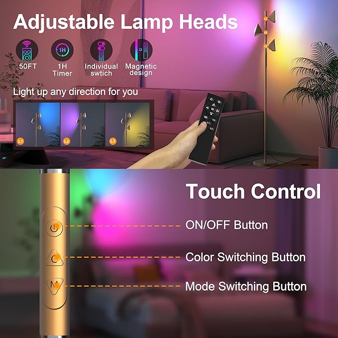 PARTPHONER RGB Tree Floor Lamp for Living Room, Stepless Dimmable Tall Standing Lamp with Remote, Touch Control and 3 Rotatable Light, Bright LED Lights for Bedroom with 4 Color-Changing, Gold - Bloomnest