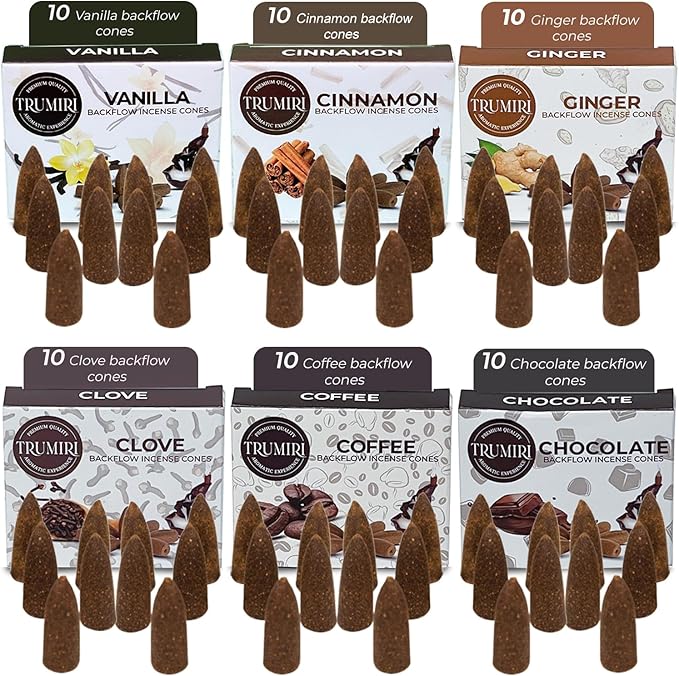 Gourmet - Backflow Incense Cones for Waterfall - Scented Inscents-Cones - Cinnamon, Vanilla, Coffee, Chocolate, Clove, Ginger - Insiensos Aromaticos - 6x10=60 Large Variety Pack TRUMIRI