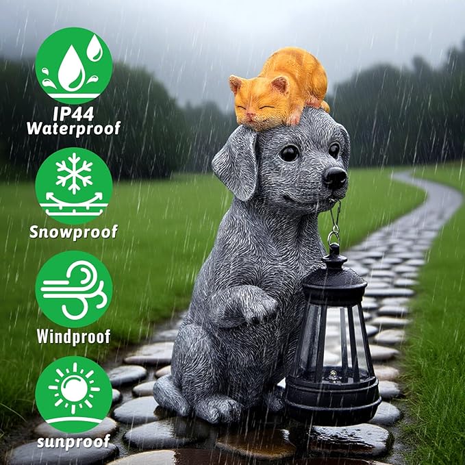 ILLUMINEW Solar Dog Garden Statue with Lantern and Sleeping Cat – Resin Pet Figurine Light for Outdoor Yard Decor, Gifts for Women, Mom, Grandma - Bloomnest
