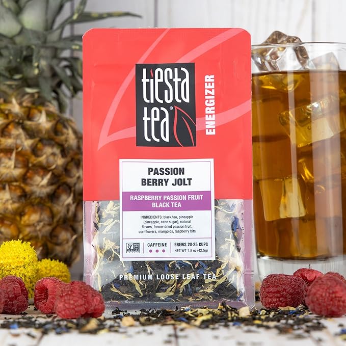 Tiesta Tea Passion Berry Jolt, Premium Loose Leaf, Classic Black Tea Blends, Raspberry Passion Fruit Black Tea, High-Caffeine, Hot or Iced Brews Up to 25 Cups, 1.5 Ounce Resealable Pouch - Bloomnest