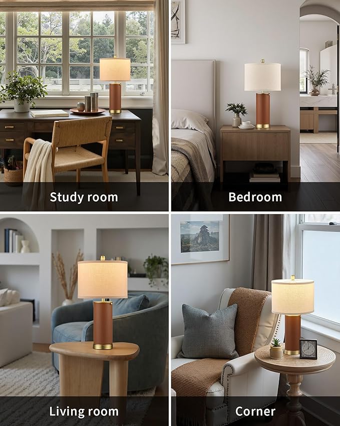 KDG 23.4" Brown PU Leather Table Lamps for Living Room Set of 2, 3 Level Brightness LED Modern Home Decor Fabric Lampshade Desk Lamp Lighitng for Bedroom, Bedside, Farmhouse, Nightstand, Night Light - Bloomnest