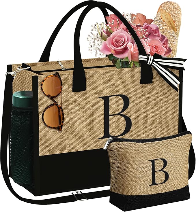 YOOLIFE Valentines Day Gifts for Her - Initial Jute Tote Bag & Makeup Bag, Birthday Gifts for Women Teacher Mom Wife Friend - Bloomnest