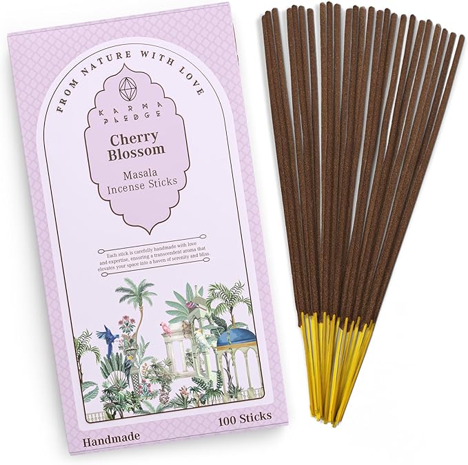 Incense Sticks, Cherry Blossom Incense, Pack of 100 Stick, Hand Rolled Aromatic Masala Made with Natural Ingredients, 45-60 Minute Burn Time, Best for Home Fragrance, Meditation, Yoga, Relaxation KARMAPLEDGE