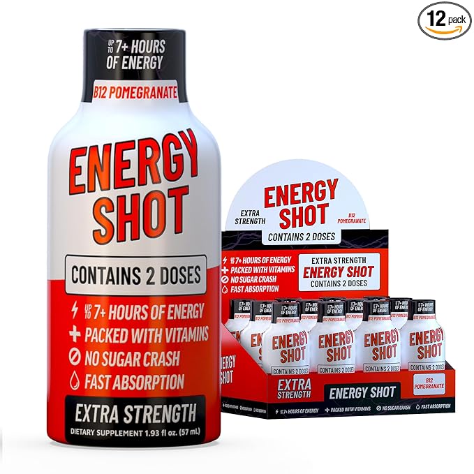 B12 Açaí Pomegranate Extra Strength Energy Shot 12 pk – 260mg Natural Caffeine B12 B6 – Energy & Vitality Support – 2 Servings Sugar Free Zero Calorie Green Tea B-Vitamins Electrolytes Vegan – 1.93 fl oz - Bloomnest