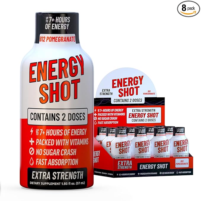B12 Açaí Pomegranate Extra Strength Energy Shot 8 pk – 260mg Natural Caffeine B12 B6 – Energy & Vitality Support – 2 Servings Sugar Free Zero Calorie Green Tea B-Vitamins Electrolytes Vegan – 1.93 fl oz - Bloomnest