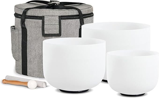 CVNC Set of 3 PCS 440HZ 6" A Note 8" F Note and 10" C Note Frosted Chakra Quartz Crystal Singing Bowl with Carry Case Bag for Sound Healing Meditation - Bloomnest