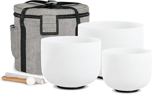 CVNC Set of 3 PCS 440HZ 6" A Note 8" F Note and 10" C Note Frosted Chakra Quartz Crystal Singing Bowl with Carry Case Bag for Sound Healing Meditation - Bloomnest