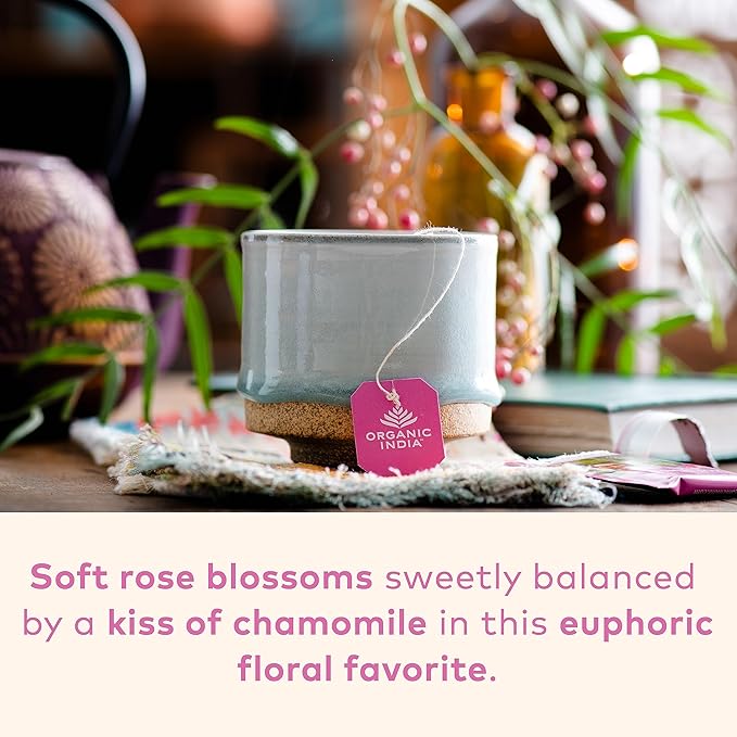 Organic India Tulsi Sweet Rose Herbal Tea - Holy Basil Leaf, African Basil, Chamomilie, Lemon Myrtle, Stress Relieving, Immune Support, USDA Certified Organic, Caffeine-Free - 18 Infusion Bags, 6 Pack - Bloomnest