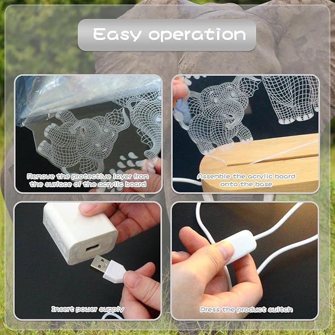 Elephant Shape 3D Crystal Acrylic Light Base with Wood Stand, LED Light for Kids Room Decor, Gift for Mom on Birthday or Holiday, Home Décor Art Display - Bloomnest