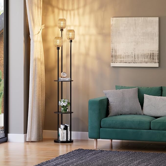 WIHTU 70" Boho Floor Lamp, Dimmable Rattan Floor Lamp with Shelves, 3 Lights Rustic Tall Lamps with Rotary Switch, Farmhouse Standing Lamps for Living Room, Bedroom，Office (Includes 3 Bulbs) - Bloomnest
