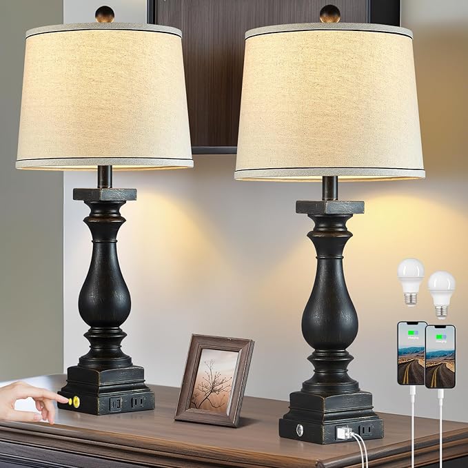 28" Tall Farmhouse Table Lamps with USB C+A Ports and AC Outlet, 3 Way Touch Control Rustic Bedside Lamps for Bedroom, Black Vintage Nightstand Lamps for Living Room Office - Bloomnest