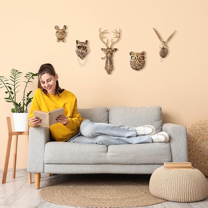 UITWMKTG 5 Pack Animal Head Wall Decor Gold Wall Sculpture Home Decor for Office Bedroom Modern Decor for Men Women - Bloomnest