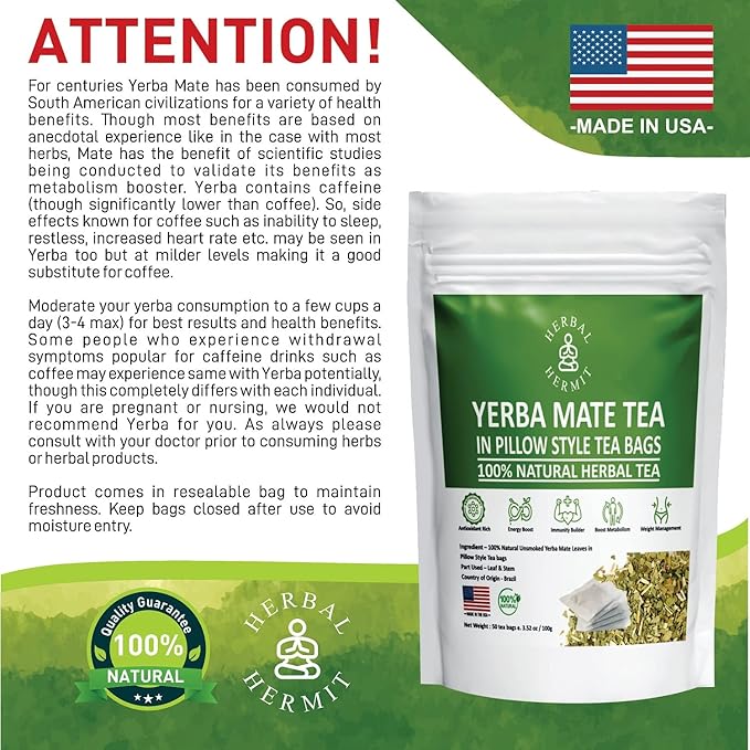 Herbal Hermit Yerba Mate herbal-teas with 50 tea bags Natural Yerba Matte Rich in Chlorophyll, Made in USA - Bloomnest